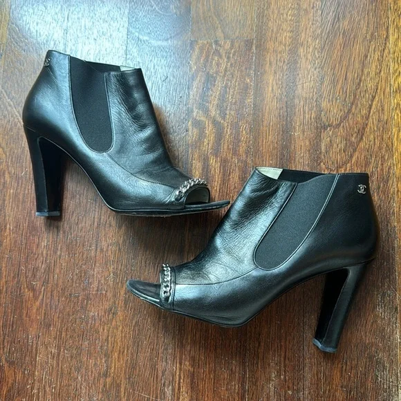 Chanel Women's Chain Peep Open Toe Booties Leather Black Lambskin